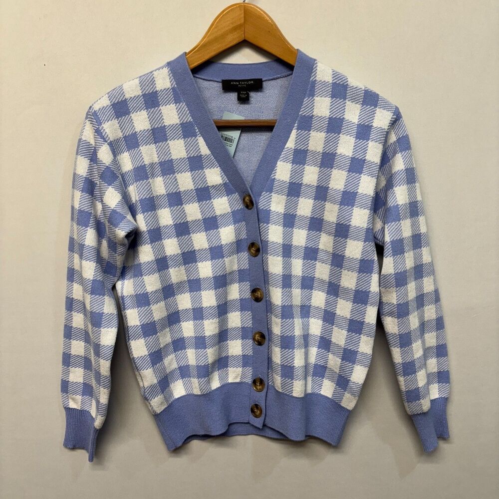 NWT Ann Taylor Women Cardigan Sweater Size XXSP XXS Petite Sp22 Plaid C064 -12